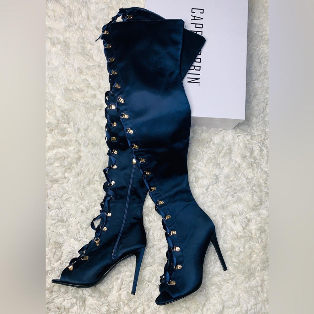 New Royal Blue Over the knee lace up with boots w/ gold accents by Cape …